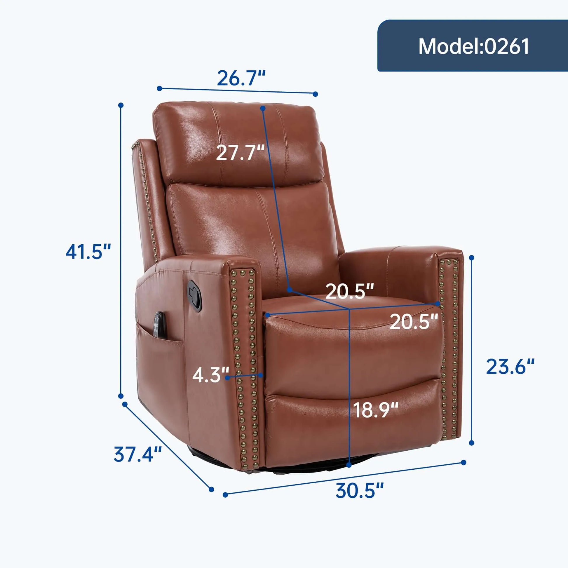 Brown leather recliner chair with dimensions labeled on a white background