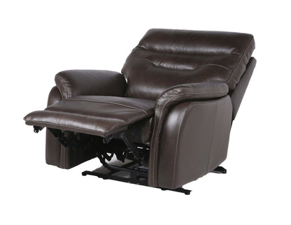 Brown leather recliner chair fully extended on a white background
