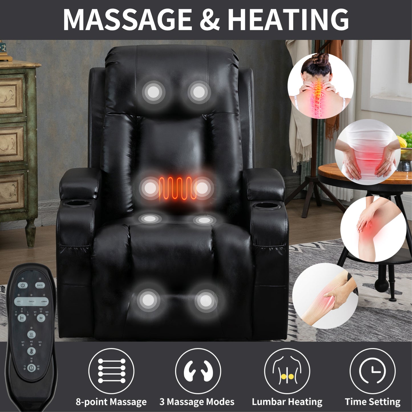 350 LB Power Lift Recliner w/ Massage, Heat, USB & Cup Holders – Black