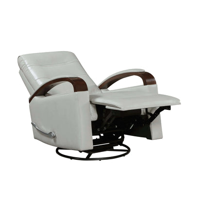 Gray recliner chair with brown armrests fully reclined with a black metal base  on a white background