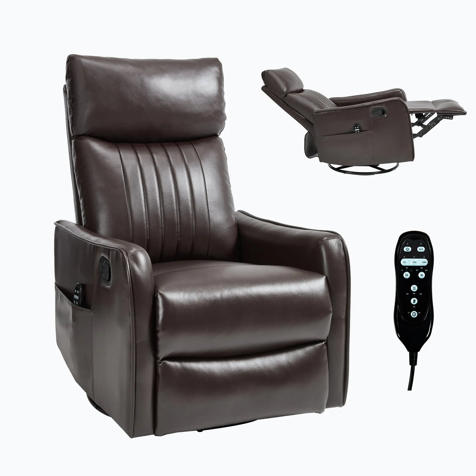 Fully extended brown leather recliner chair with remote control on a white background