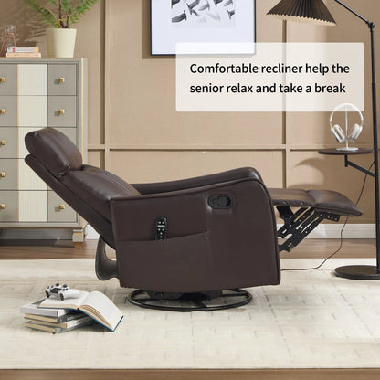 Brown recliner chair in a living room setting with text about its benefits.