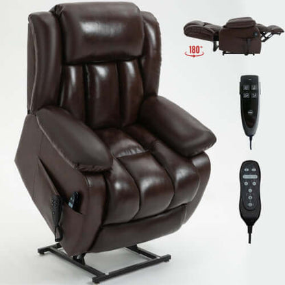 Leather Power Lift Recliner with Massage, Heat and Dual Motors-Brown