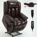Brown lift chair with remote controls on a white background