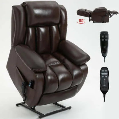 Brown lift chair with remote controls on a white background