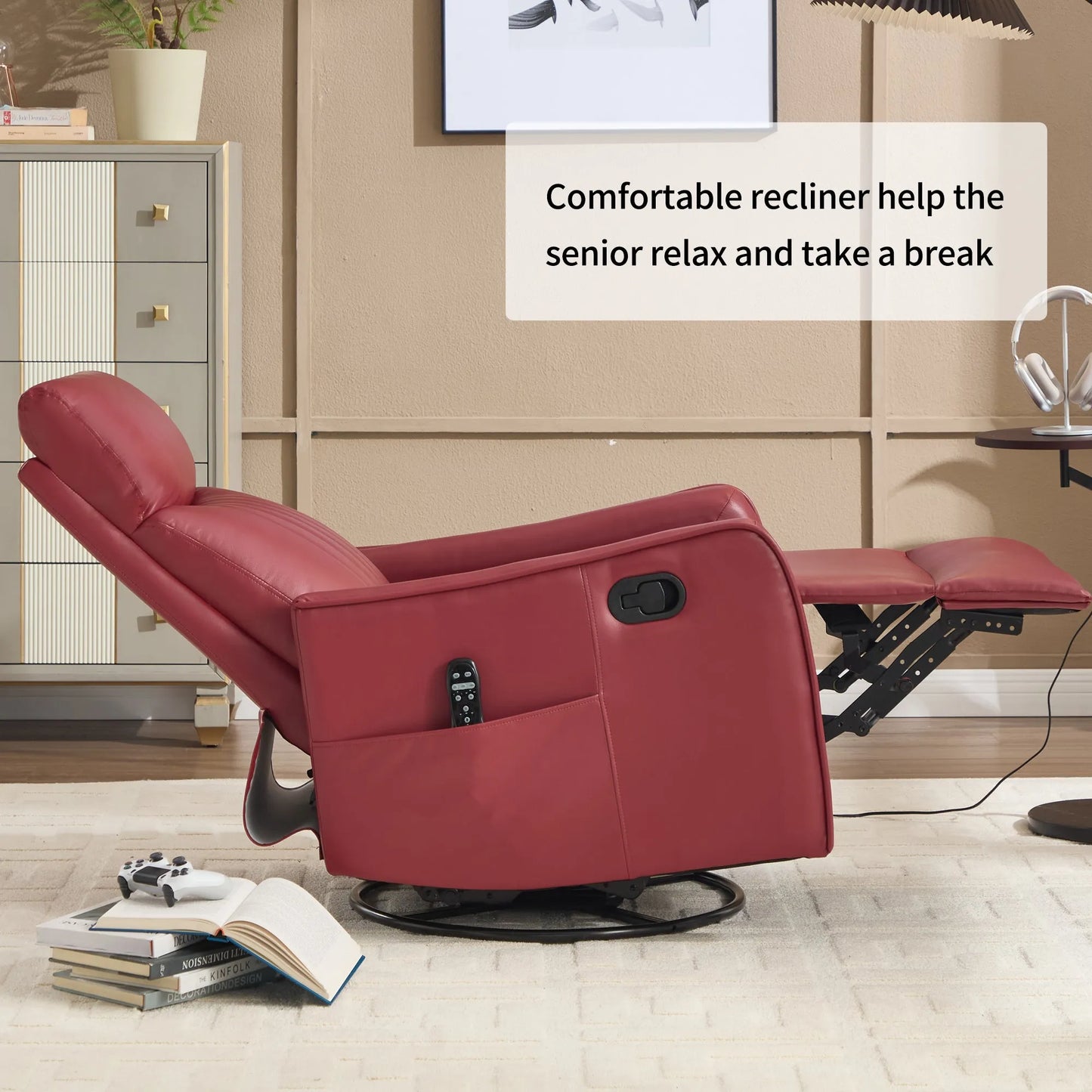 Red recliner chair in a living room setting with text about comfort and relaxation.