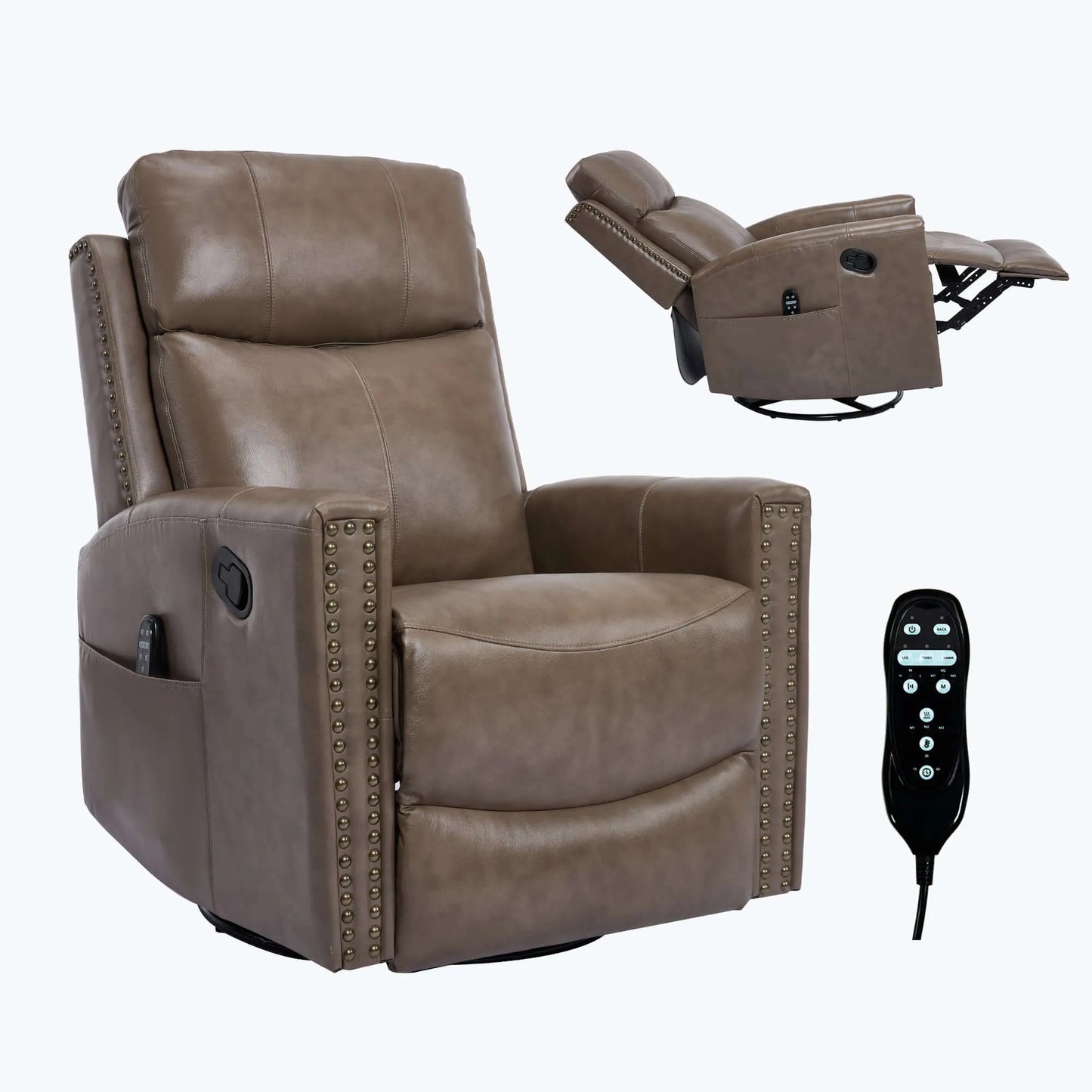 Brown leather recliner chair with remote control on a white background