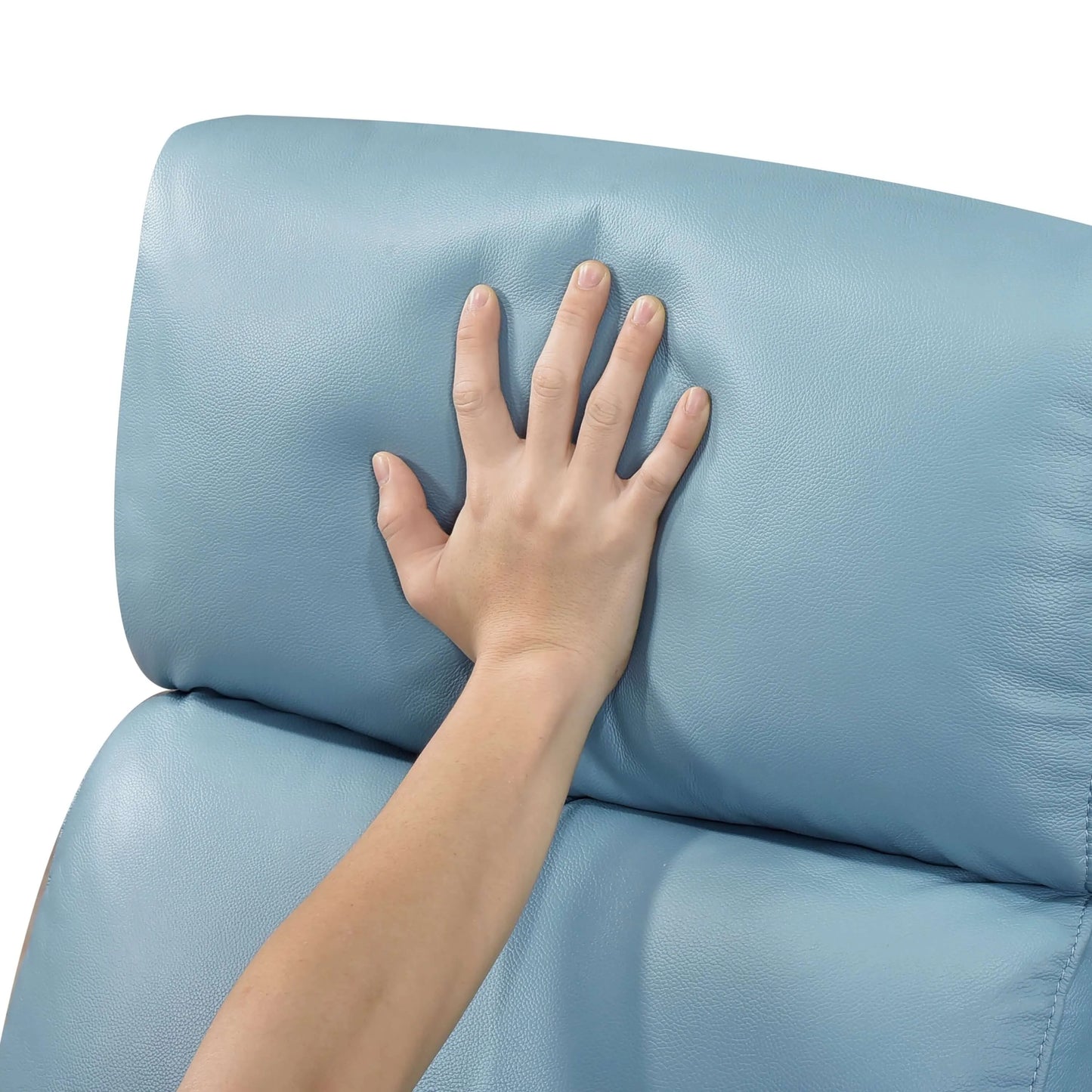 Hand touching a headrest cushion on a blue recliner chair with a white background