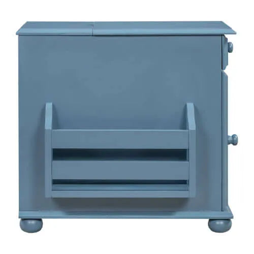 Side view of a blue end table with slatted shelf on a white background