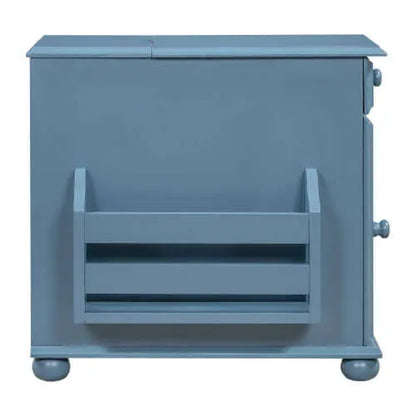 Side view of a blue end table with slatted shelf on a white background