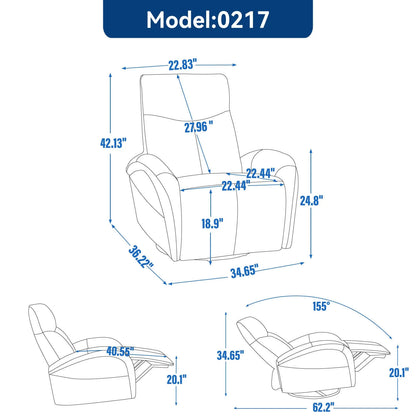 Line drawing of a recliner chair with dimensions labeled on a white background