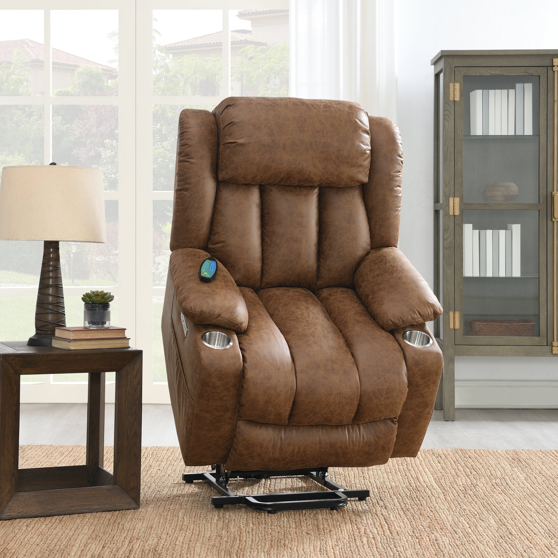 Fully upright brown leather recliner lift chair in a living room setting with a side table and lamp.