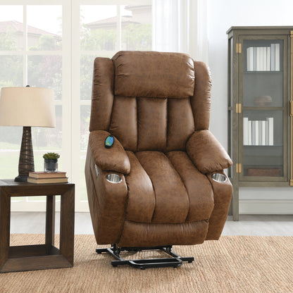 Fully upright brown leather recliner lift chair in a living room setting with a side table and lamp.