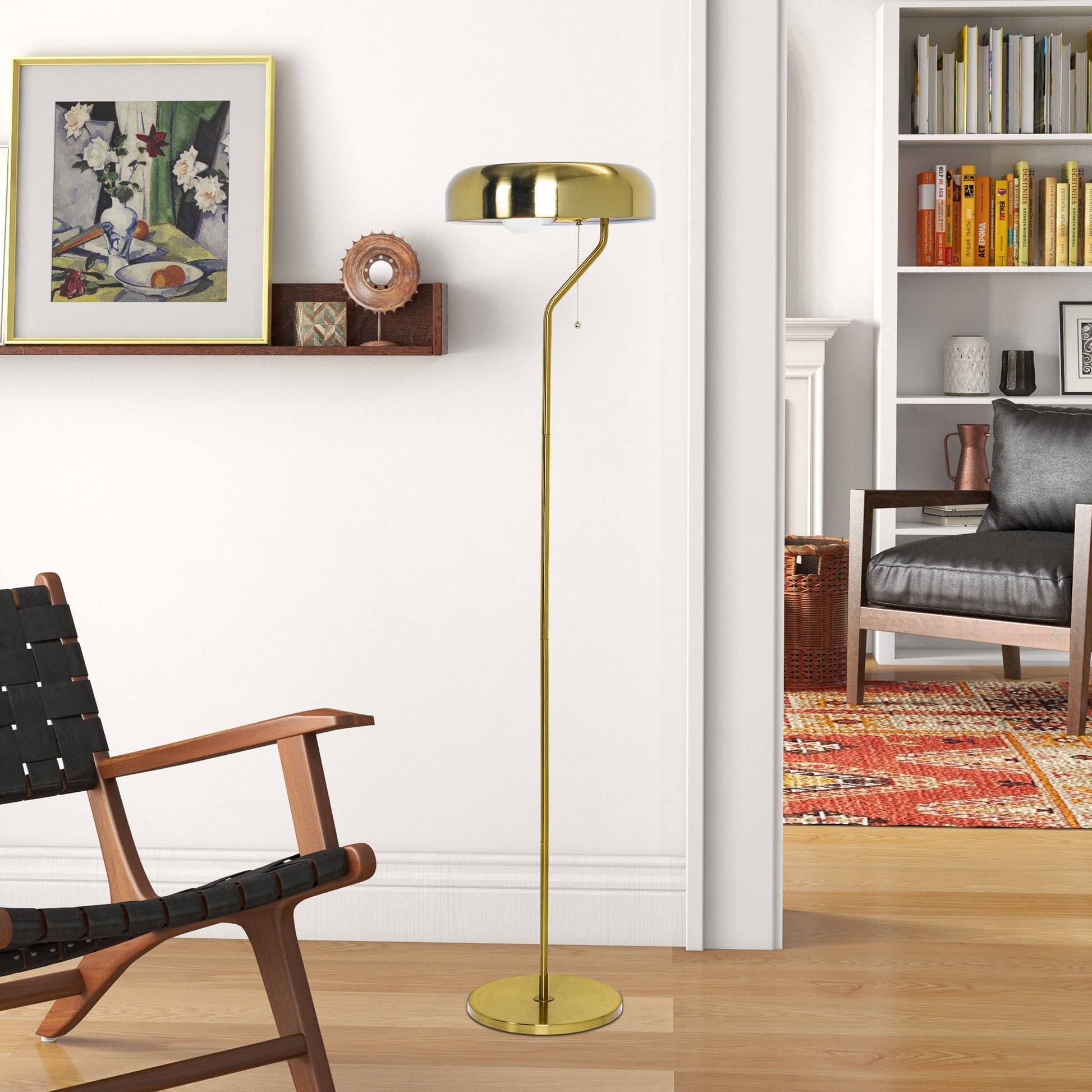 Gold floor lamp in a living room setting with a chair and bookshelf.
