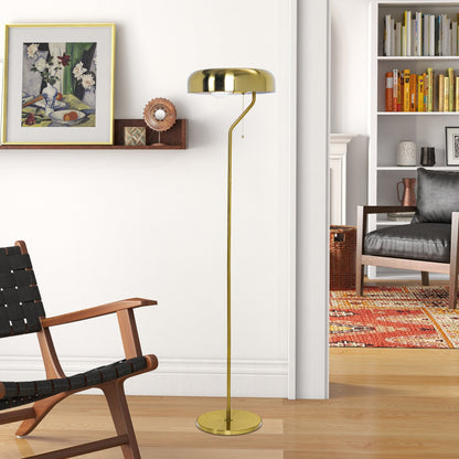Gold floor lamp in a living room setting with a chair and bookshelf.