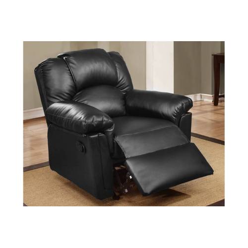 Black leather recliner chair in a room with beige carpet and wooden floor.