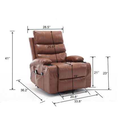 Brown faux leather power lift recliner chair with dimensions marked on a white background