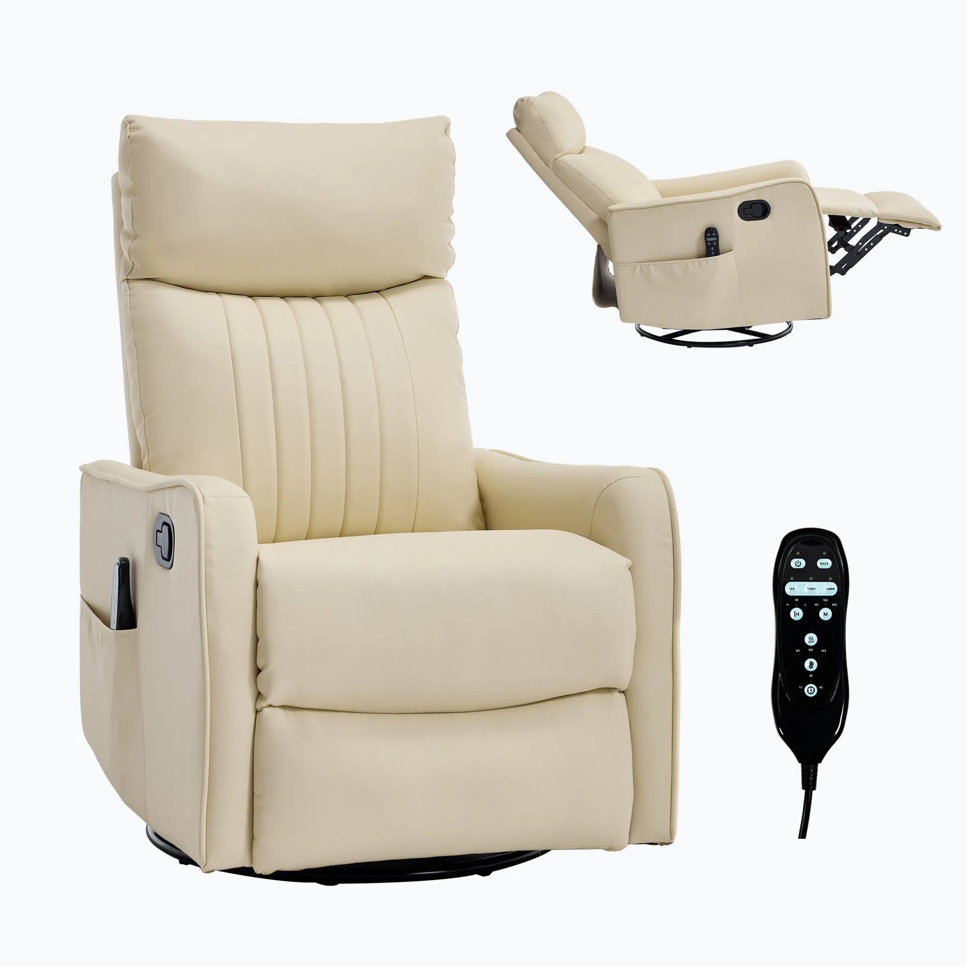Beige recliner chair with remote control on a white background