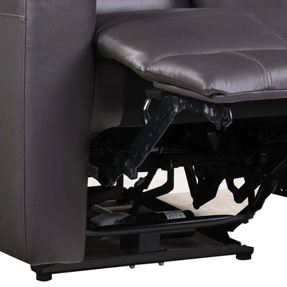 Close up of an extended footrest on a brown recliner chair with a visible mechanism on a white background