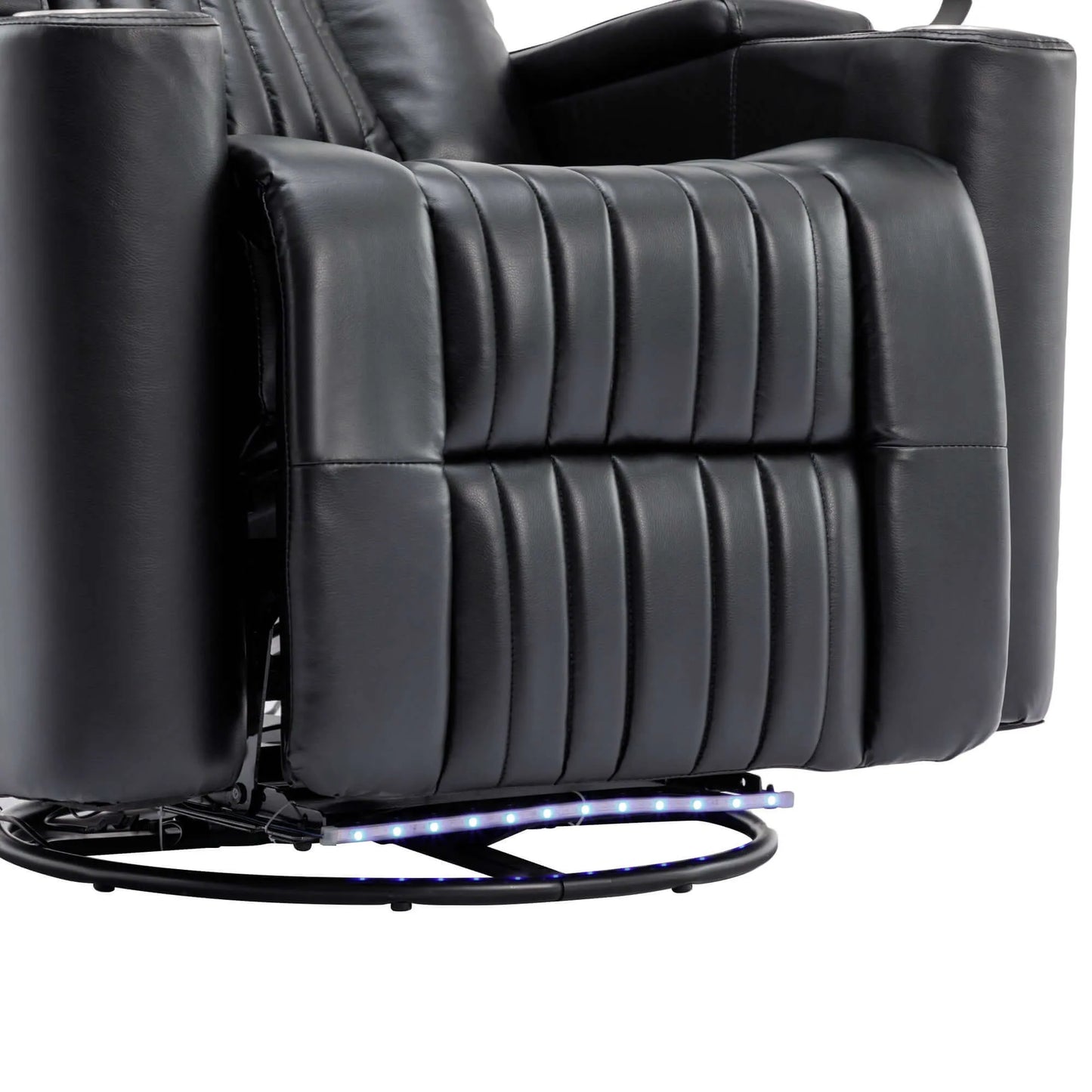 Close up of a black leather recliner chair footrest with LED base on a white background
