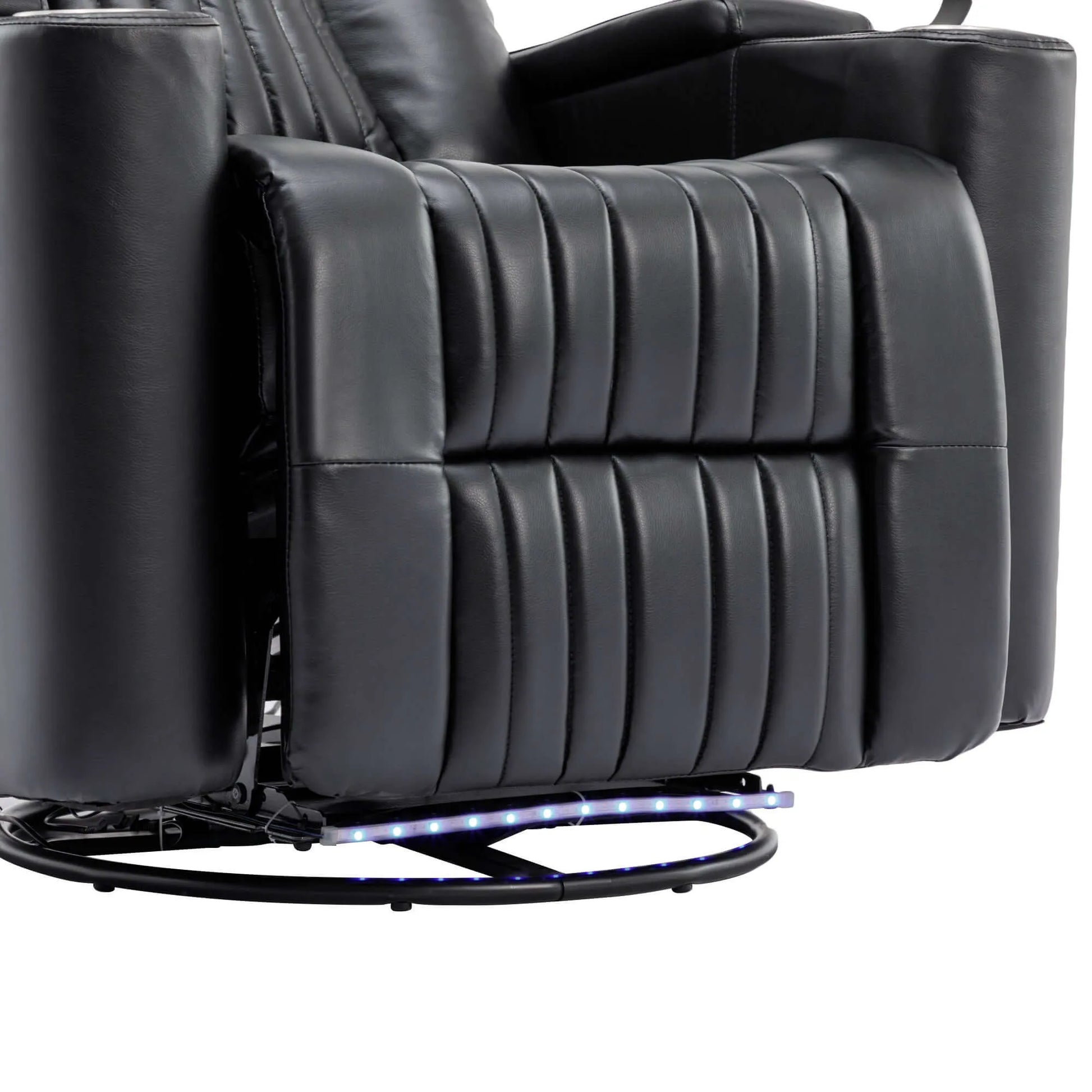 Close up of a black leather recliner chair footrest with LED base on a white background