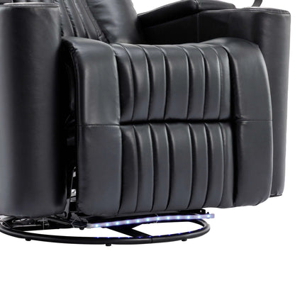 Close up of a black leather recliner chair footrest with LED base on a white background