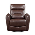 Brown leather recliner chair with a round black metal base on a white background