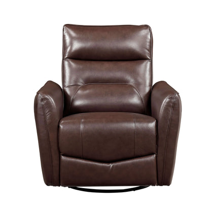 Brown leather recliner chair with a round black metal base on a white background