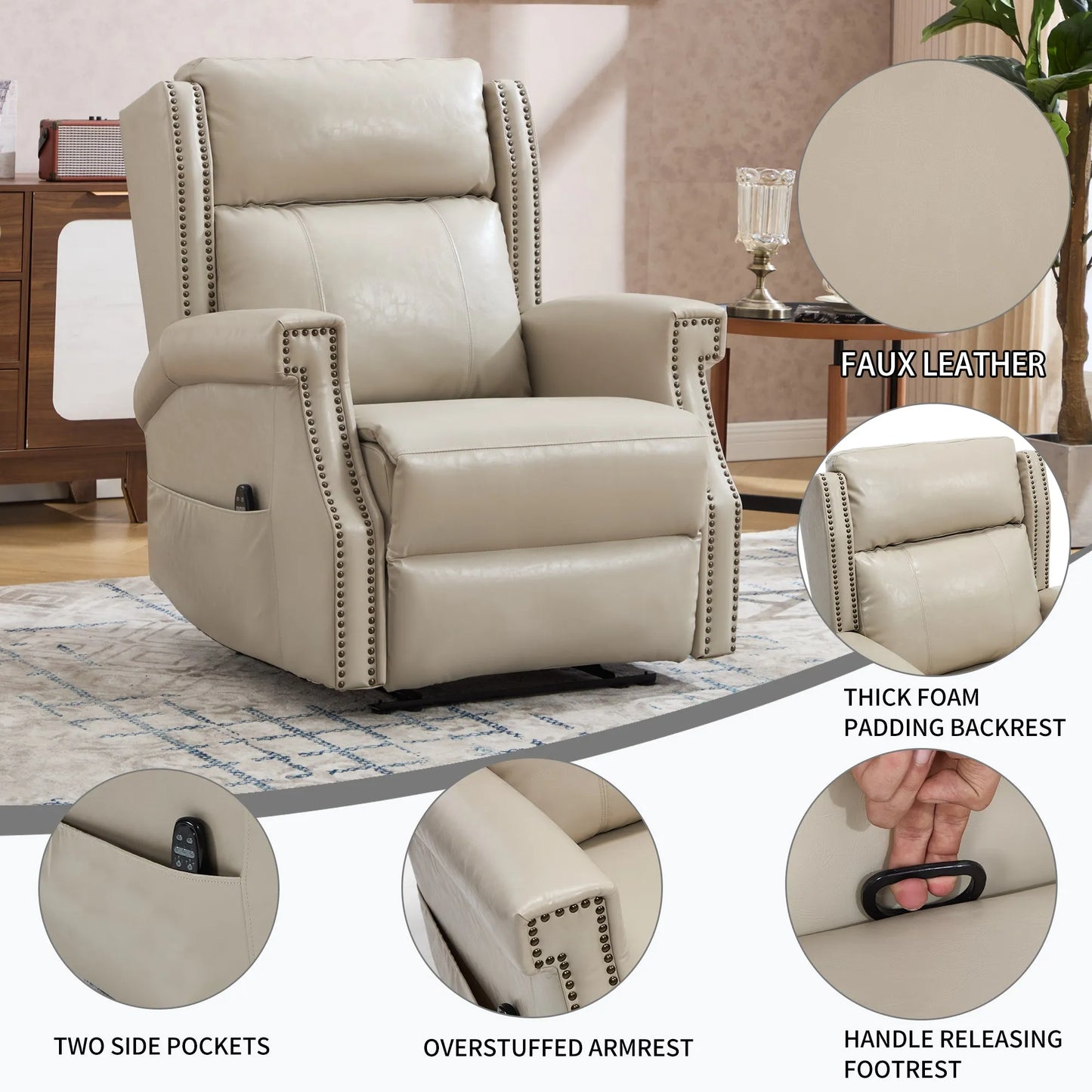 Beige recliner chair with features highlighted in a living room setting