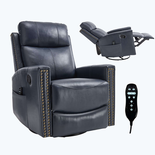 Blue Recliner w/ Heat, Massage, Rocker & Swivel – Manual