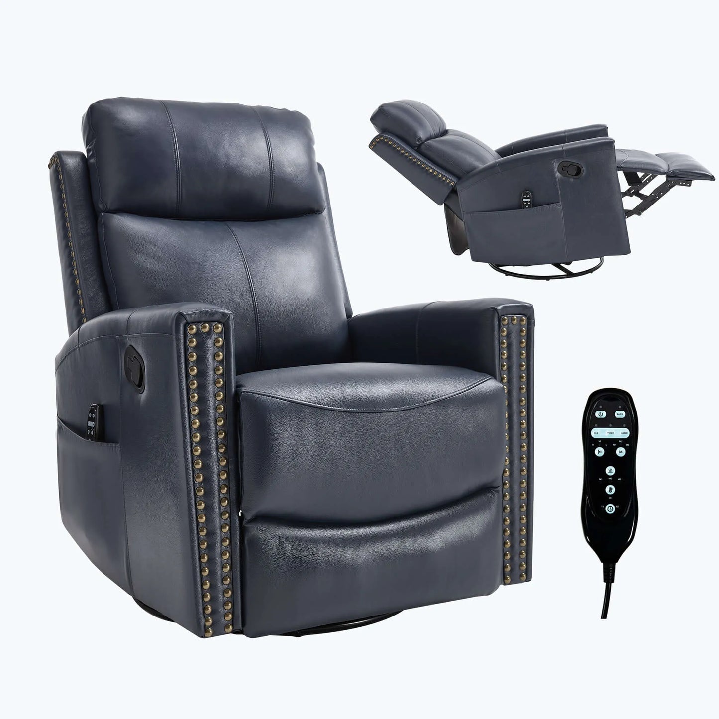 Blue recliner chair with remote control on a white background