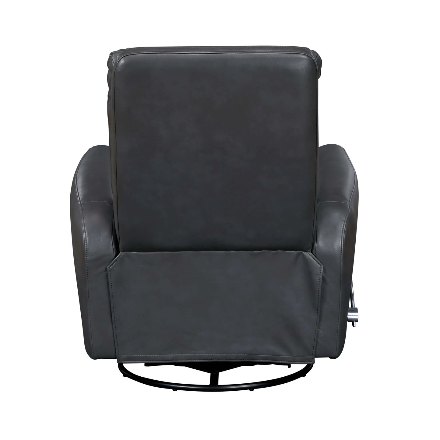 Back side of a gray leather recliner chair on a white background