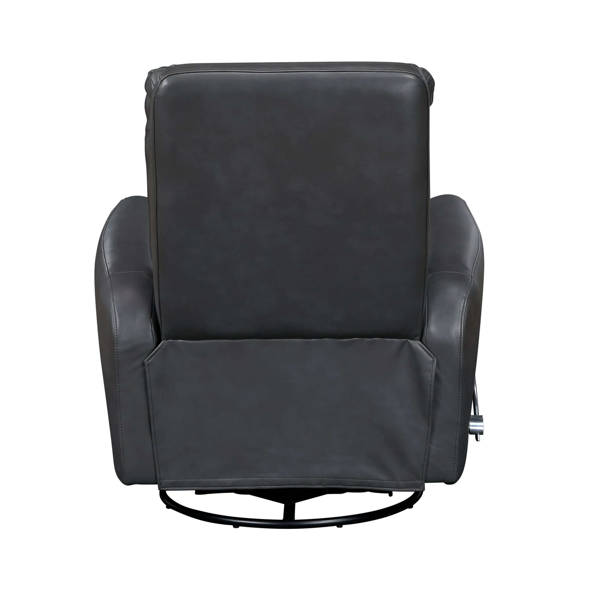 Back side of a gray leather recliner chair on a white background