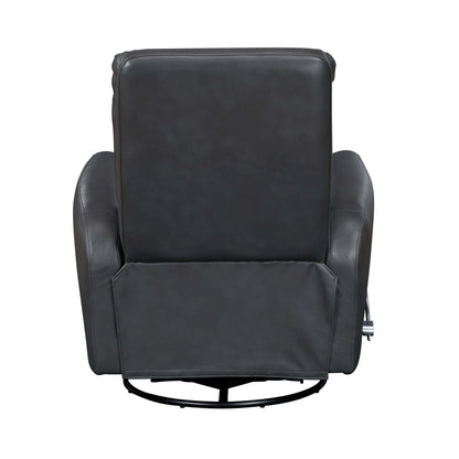 Back side of a gray leather recliner chair on a white background