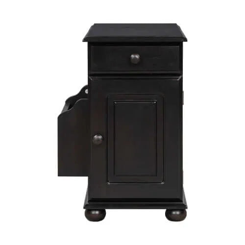 Dark brown end table on round legs with a drawer and cabinet on a white background