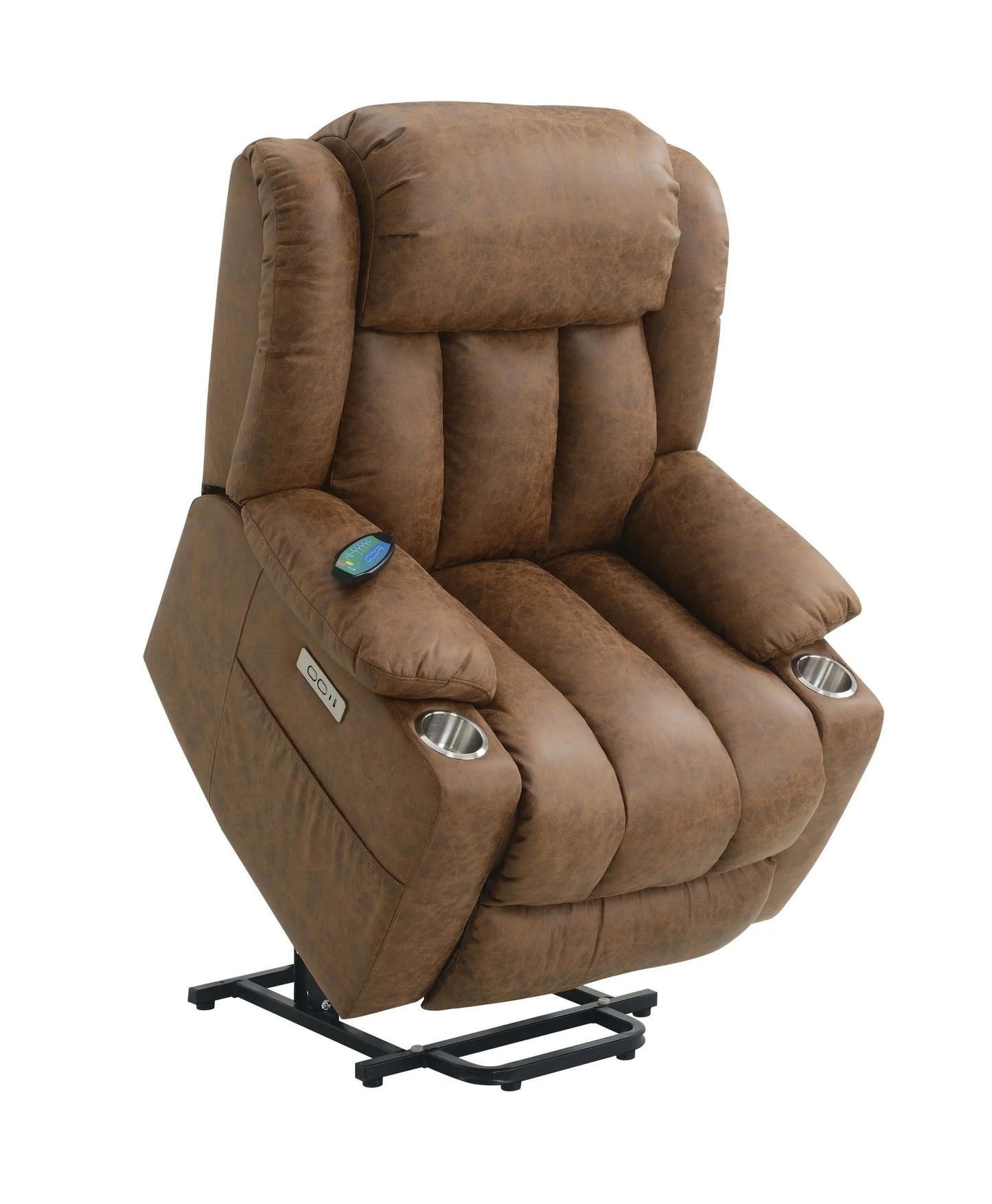 Brown recliner lift chair with cup holders and remote on a white background