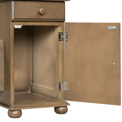 Brown wooden end table with an open cabinet door on a white background