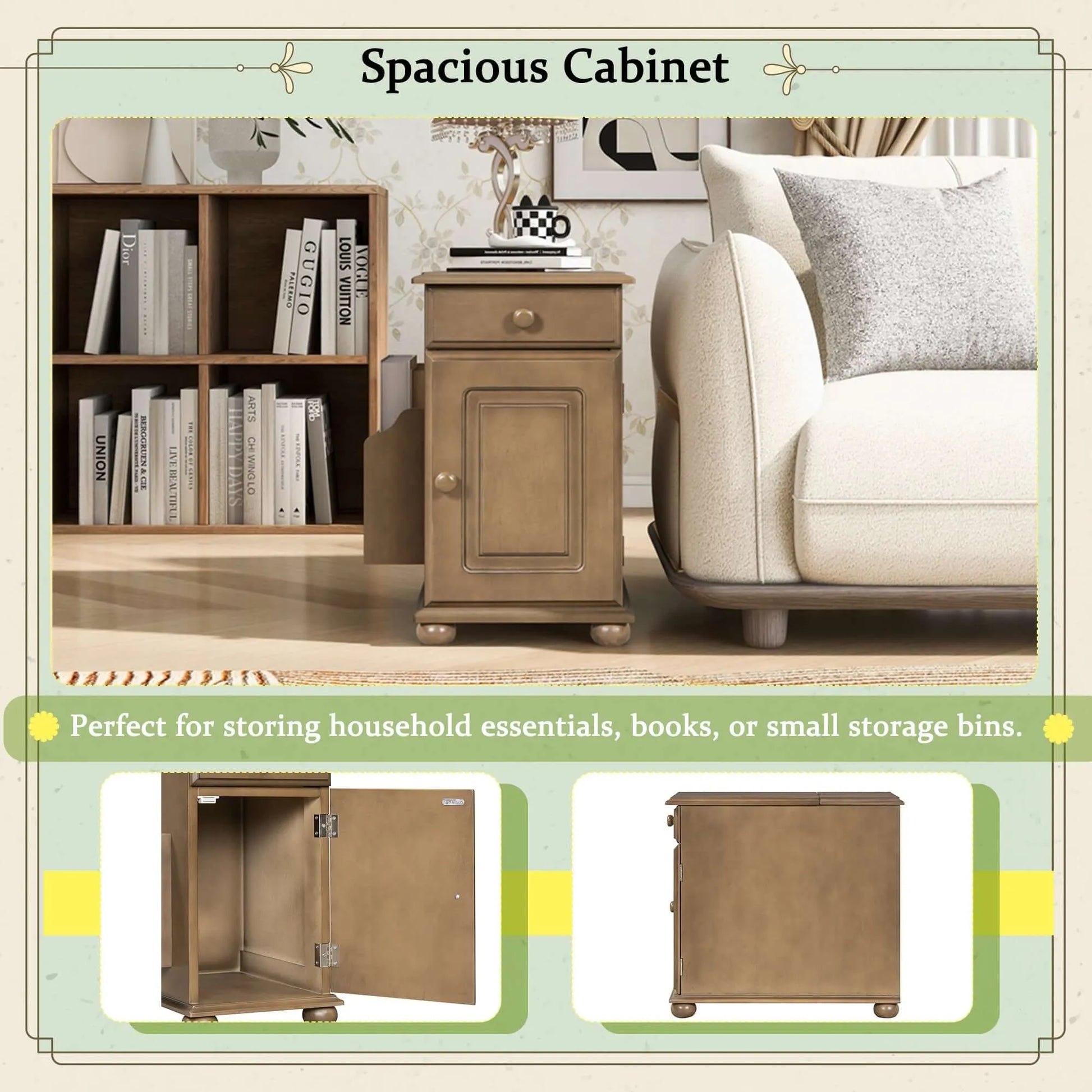 Wooden end table in a living room setting with books and decorative items.