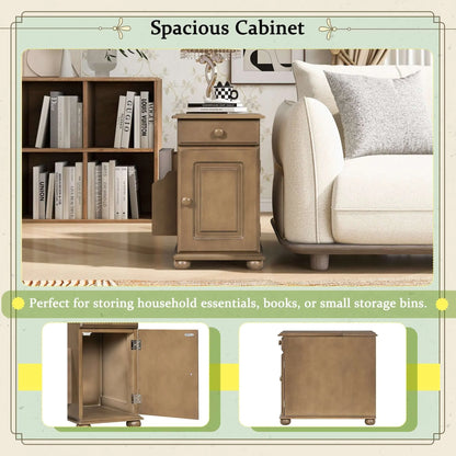 Wooden end table in a living room setting with books and decorative items.