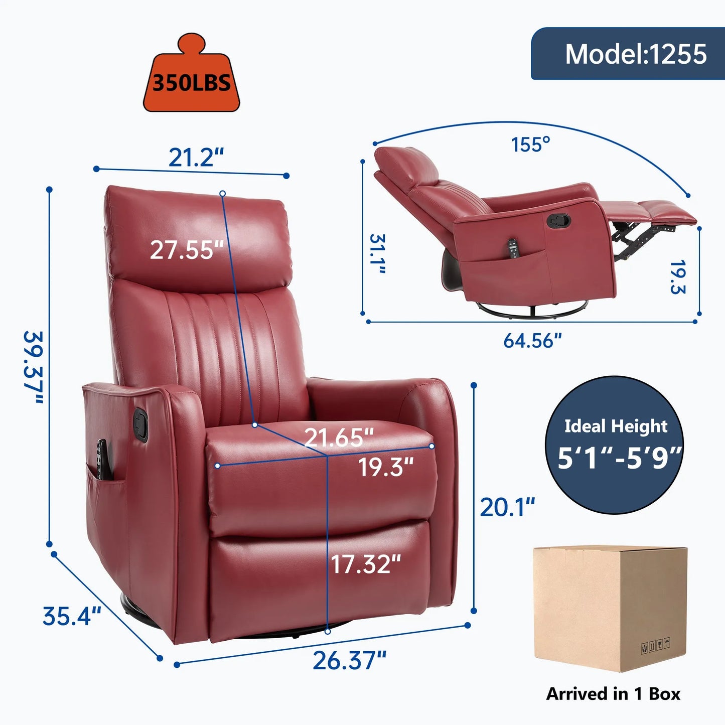 Red recliner chair with dimensions and product details on a white background