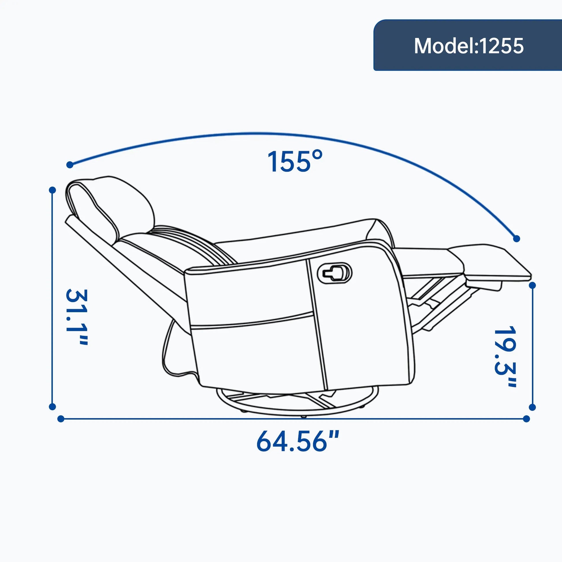 Diagram of a fully reclined recliner chair with dimensions labeled
