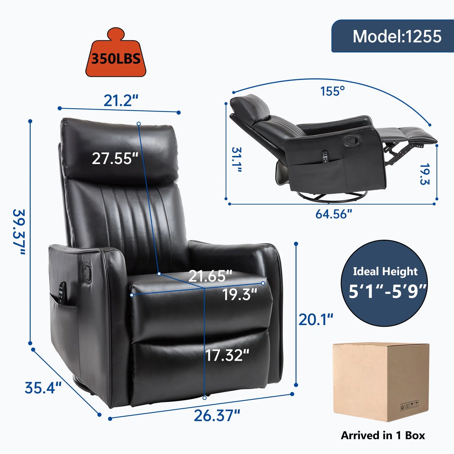 Black recliner chair with dimensions and weight capacity details on a white background