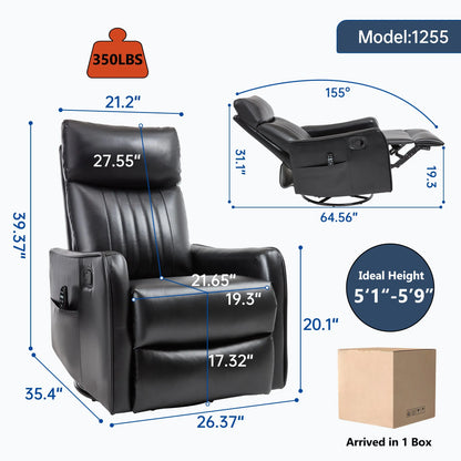 Black recliner chair with dimensions and weight capacity details on a white background