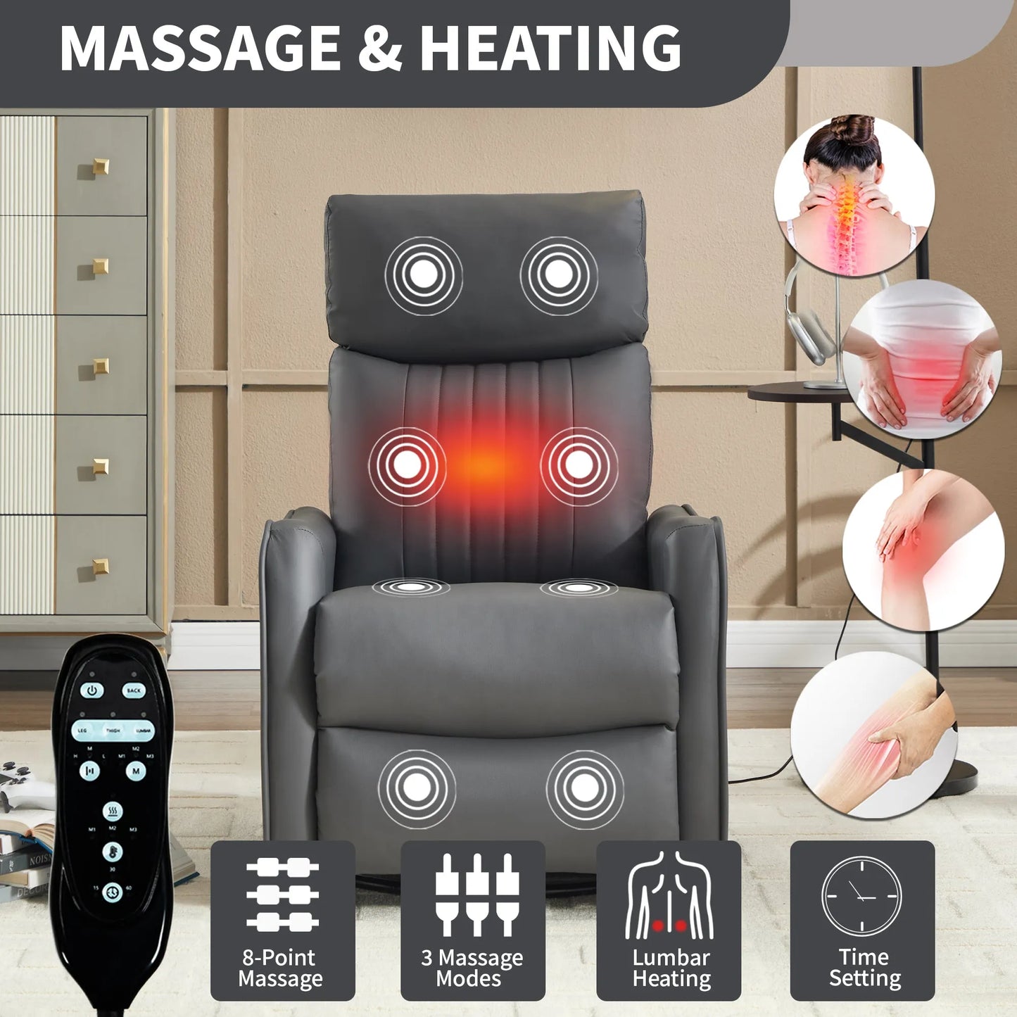 Gray massage and heating recliner chair with remote control in a room setting
