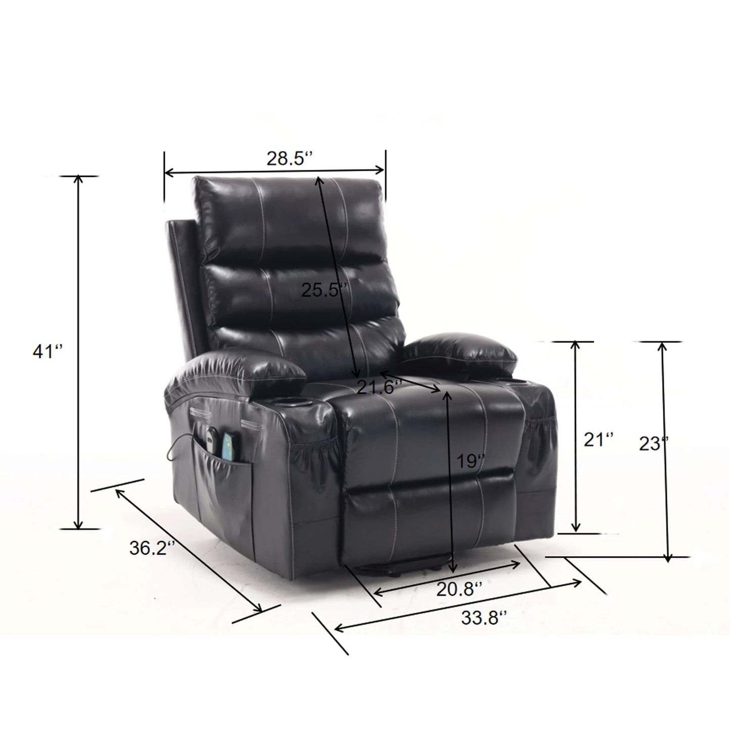 Black faux leather power lift recliner chair in fulll upright position with dimensions labeled on a white background