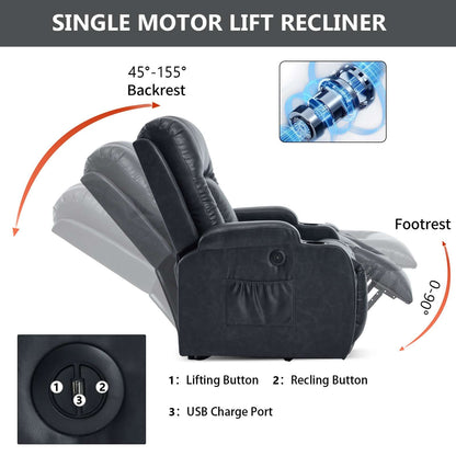 350 LB Power Lift Recliner w/ Massage, Heat, USB, Cup Holders-Gray