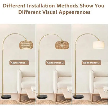 Three different appearances of a floor lamp with wicker basket shade in a living room setting.