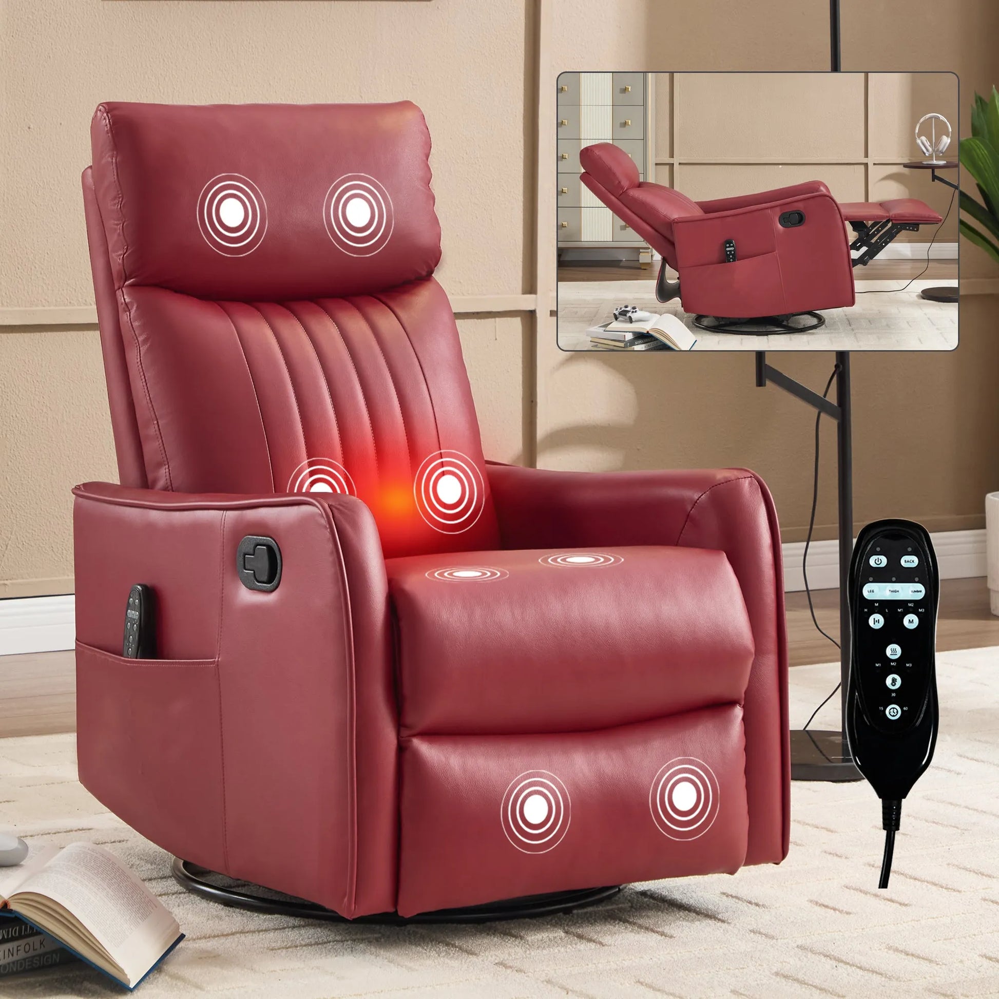 Red massage recliner chair with remote control and power buttons in a home setting
