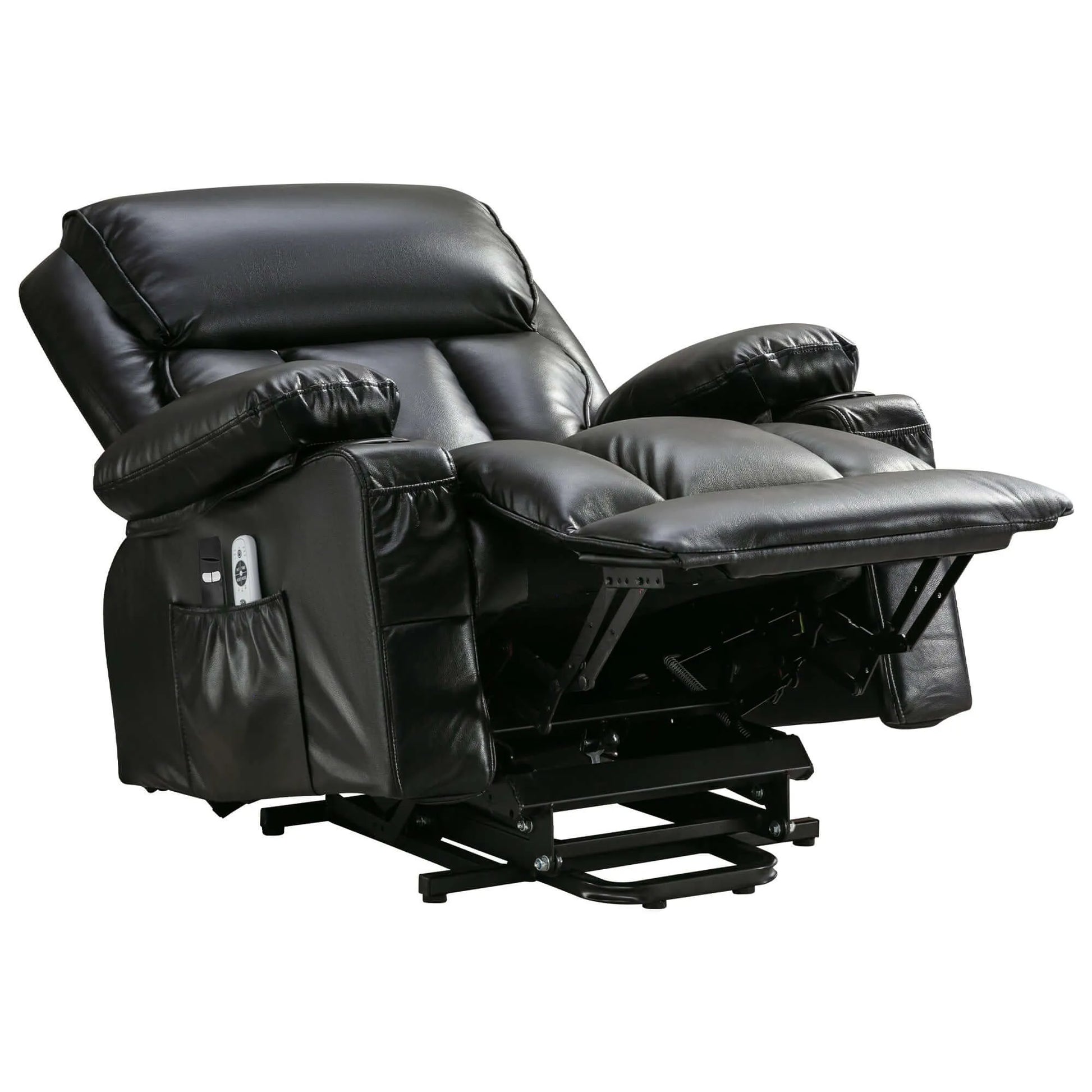 Black leather recliner chair fully reclined on a white background