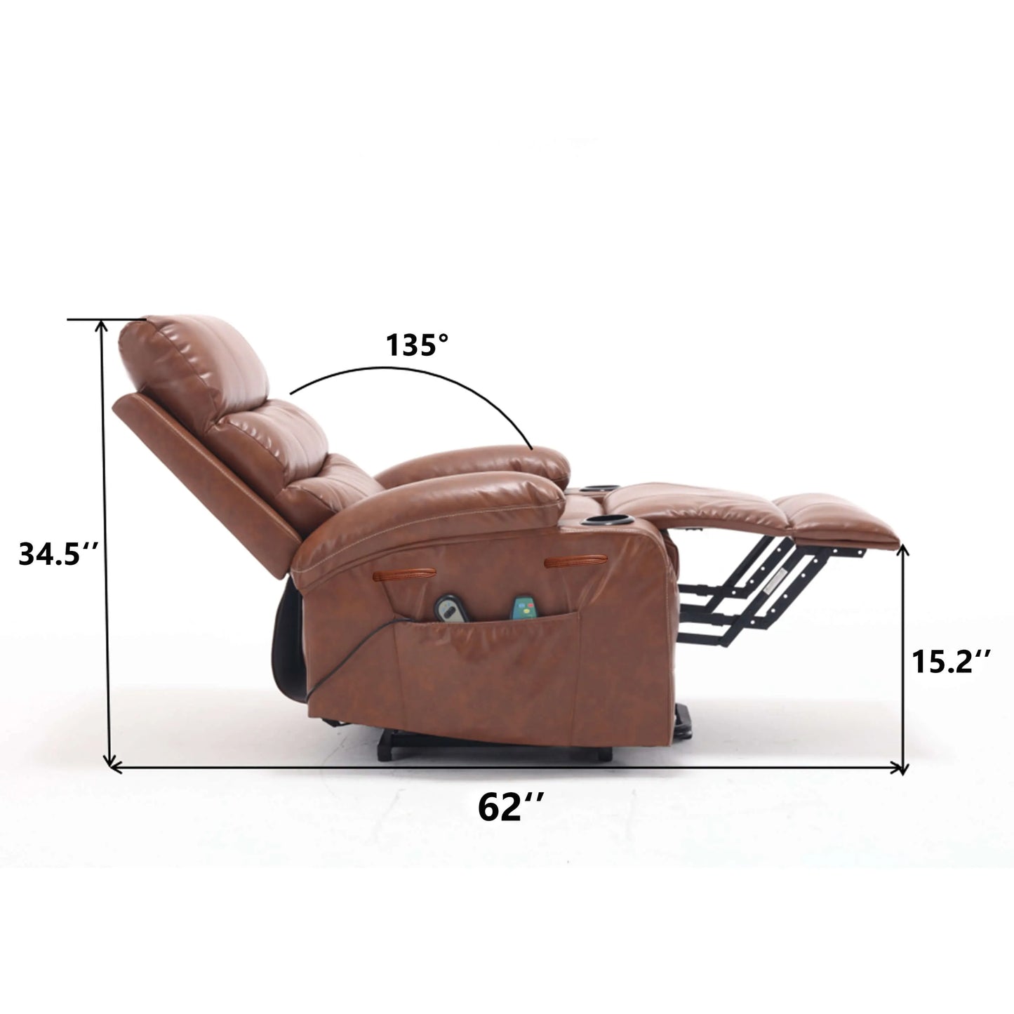 Brown faux leather power lift recliner chair fully extended with plush cushioning and lumbar support with dimensions labeled on a white background
